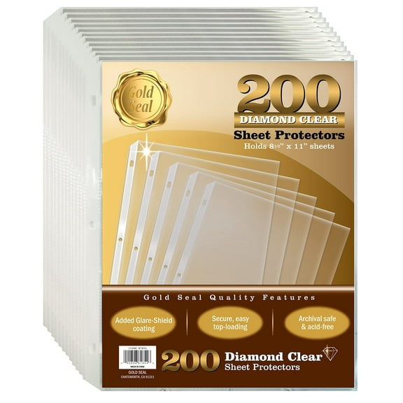 200 Count Diamond Clear Sheet Protectors, Added Anti Glare Coating, Standard Durable Weight, by Gold Seal, 8.5 x 11", Topload, 200 Boxed Sheet Protectors