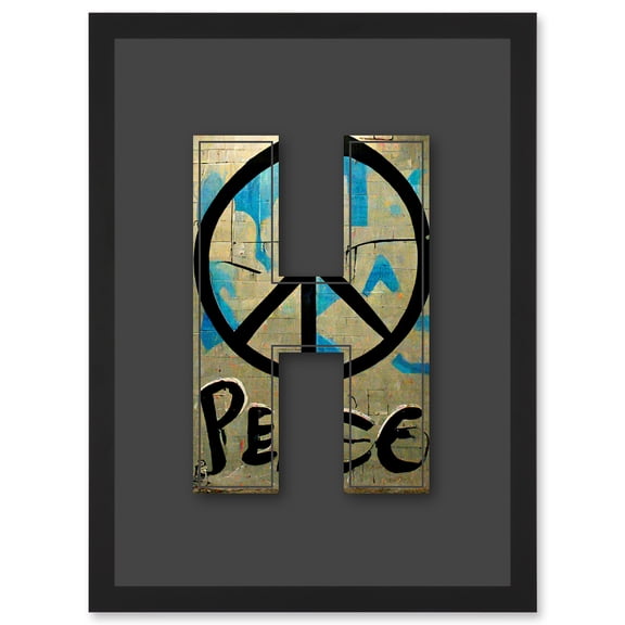 Letter H Peace Sign Beige Black Decorative Graffiti Mural Alphabet Initial Stencil Artwork Framed Wall Art Print A4
