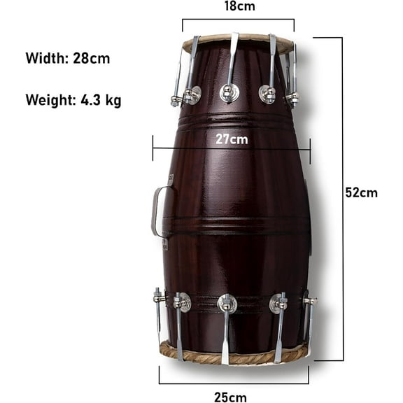 Dholaki Indian Dholak Drum Handcrafted Wooden Dhol Traditional Indian Folk Percussion Instrument for Wedding, Cultural Events & Home Décor