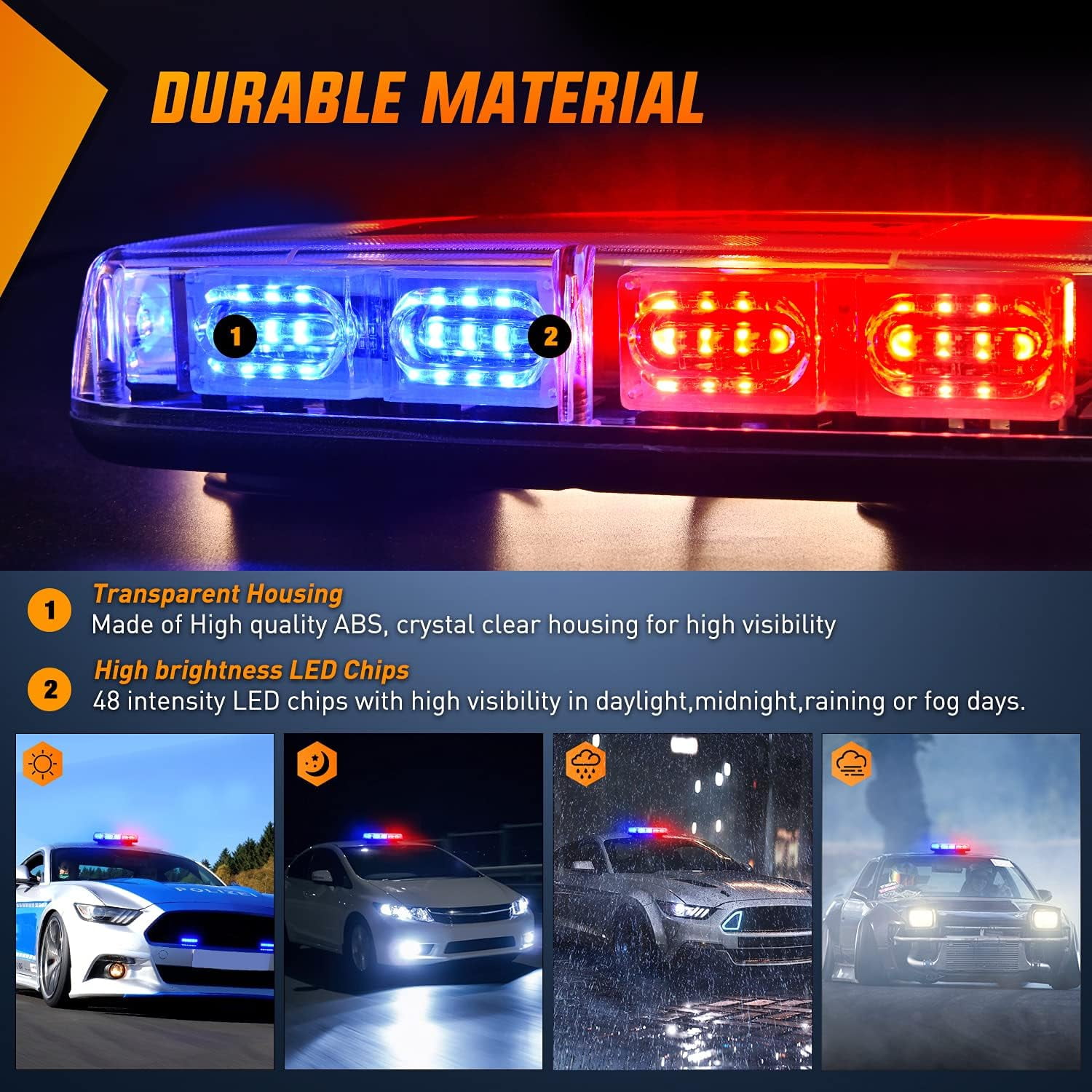 Nilight 12inch Roof Top Strobe Lights 48Led Hazard Light Emergency Safety Warning Led Flashing Light Bar Magnetic Mount 12V 24V Cars Trucks Tractors Snow Plows Construction Vehicles