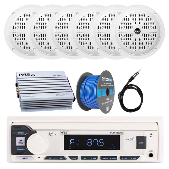 Pyle PLMRB29W2 Single DIN Bluetooth MP3 Stereo Receiver, 6x 5.25'' 100W 2-Way Marine Speakers, Antenna, Amplifier, Speaker Wire