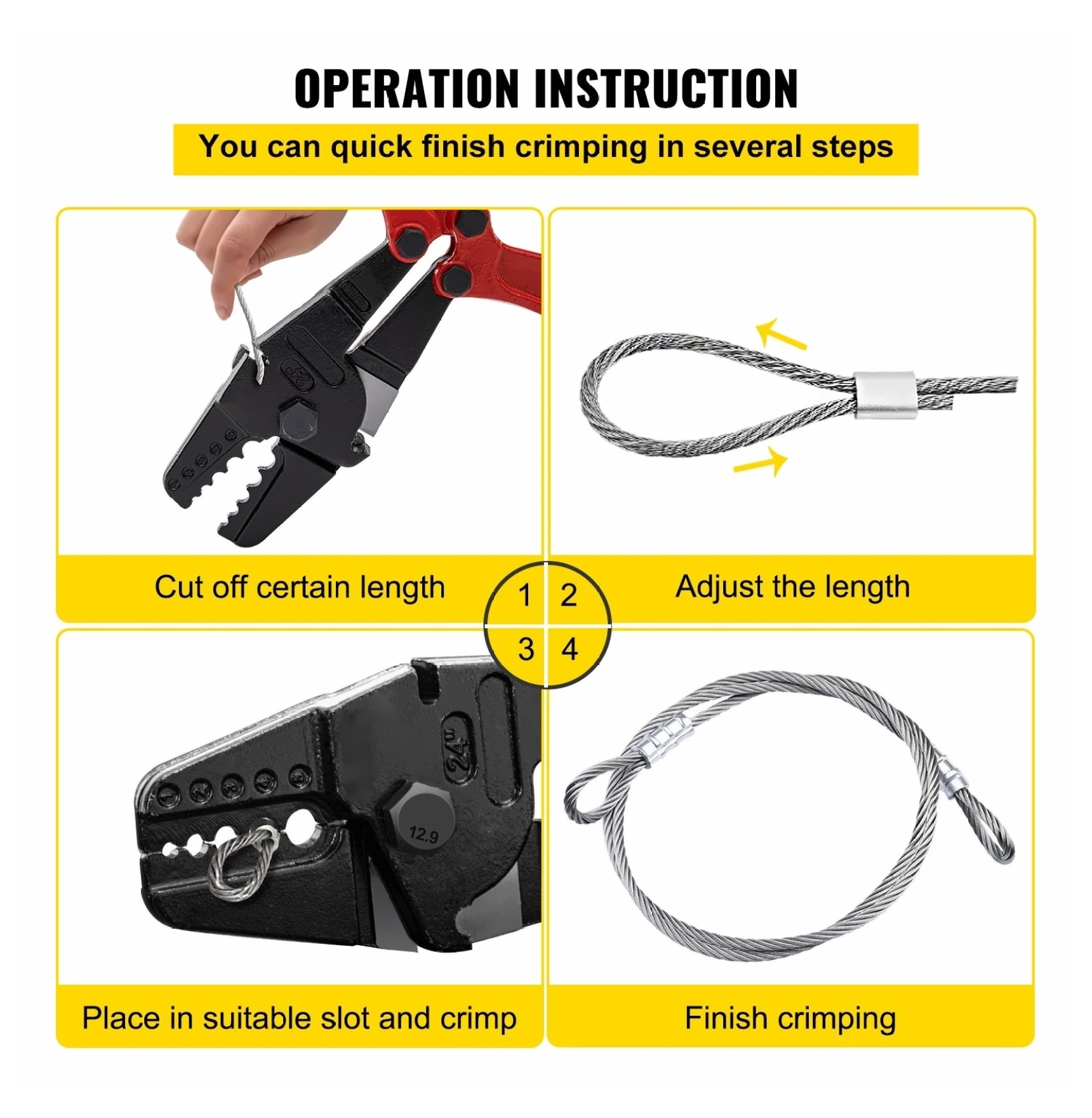 24" Hand Swager Cable Cutter 1/16"-3/16" Wire Rope Crimping Tool, 5-Cavity Steel Swage Kit with Labor-Saving Handle & Cutter for Aluminum Sleeves