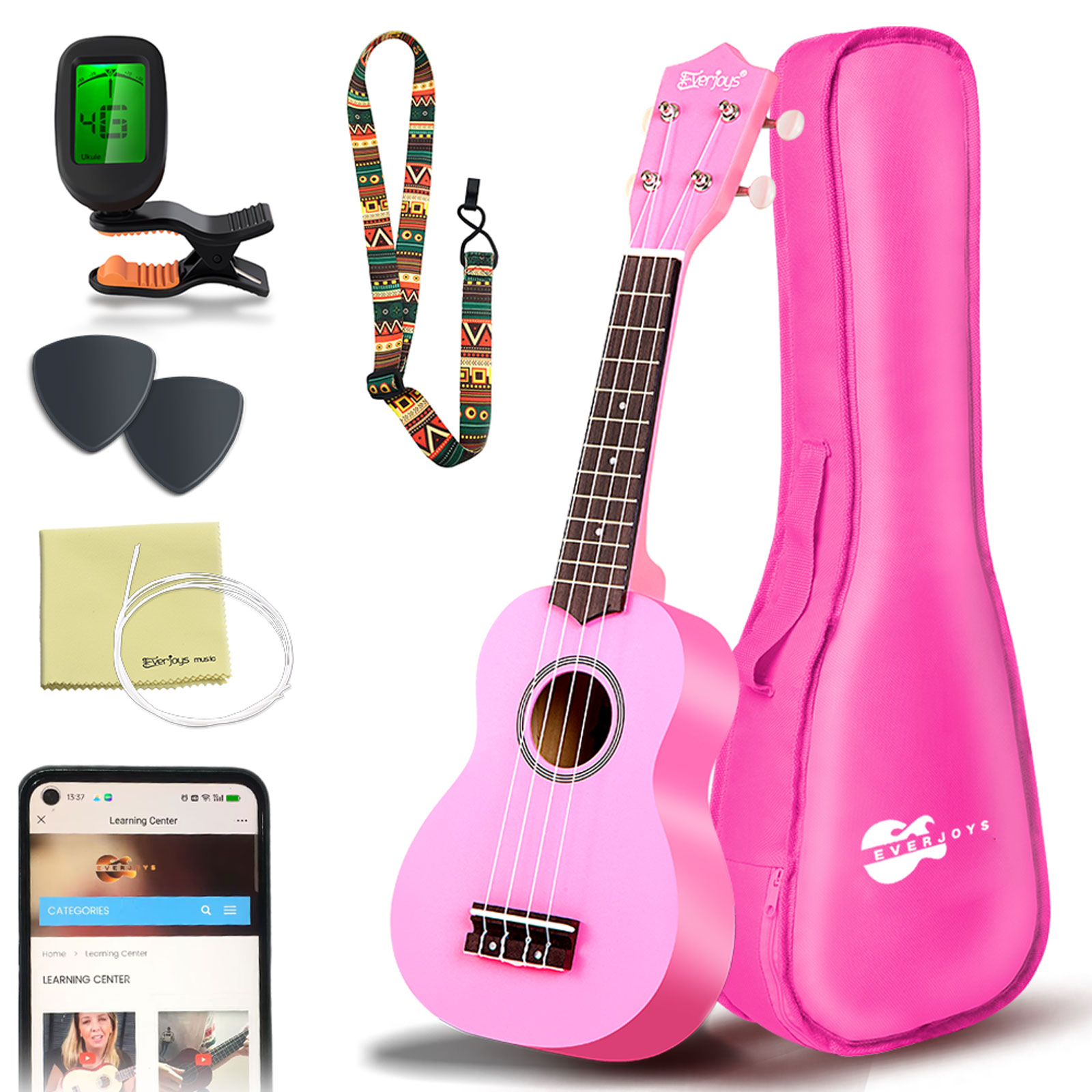 Everjoys 21in Soprano Ukulele Starter Kit Pink photo 1
