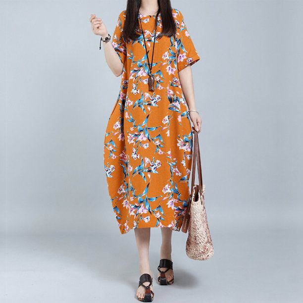 Vestido suelto de algodón vintage para mujer, manga corta con cuello redondo/vestido retro largo Romacci Amarillo S