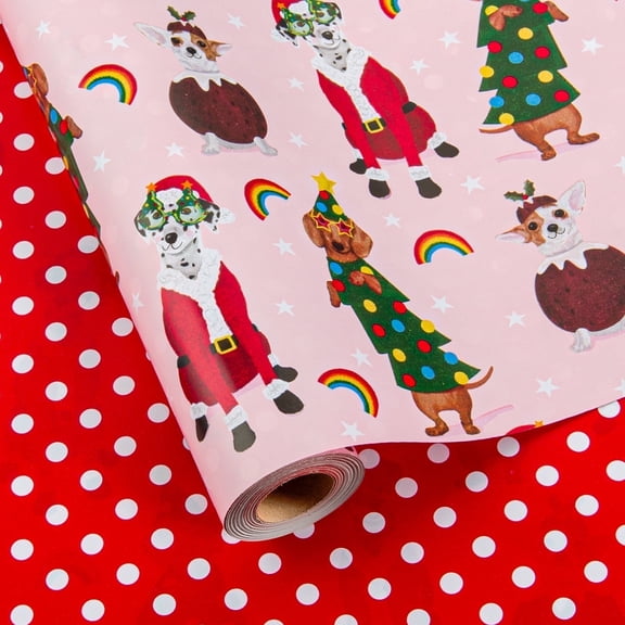 HOMERAL Christmas Wrapping Paper Roll - Red Gift Wrap with Christmas Dog, Rainbow and Polka Dots- Perfect for Christmas - 17 Inch X 33 Feet