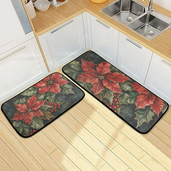 Adorned Poinsettia Holly Leaves Kitchen Mats Non Slip Standing Desk Mat Runner Rug Washable Kitchen Rugs for Floor 2PCS