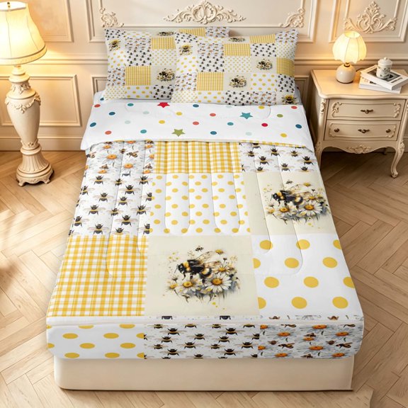 Erosebridal Lovely Bug Bee Zipper Twin Comforter Sets with Fitted Sheet and 2 Pillowcases,Vintage Sunflower Floral Zipper Bedding Set,Cream White,Polkadot Reversible,4pcs