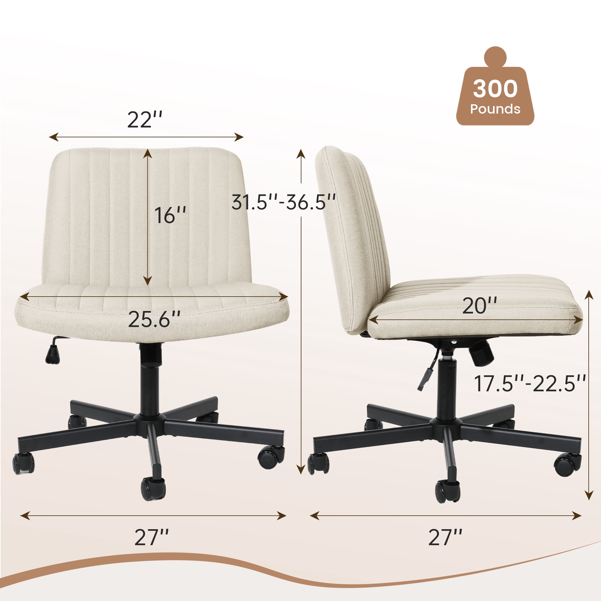 TUAREX Criss Cross Rolling Chair, Wide Seat Armless Office Chair with Wheels, Plus Size Comfort for Desk, Vanity or Bedroom, Beige