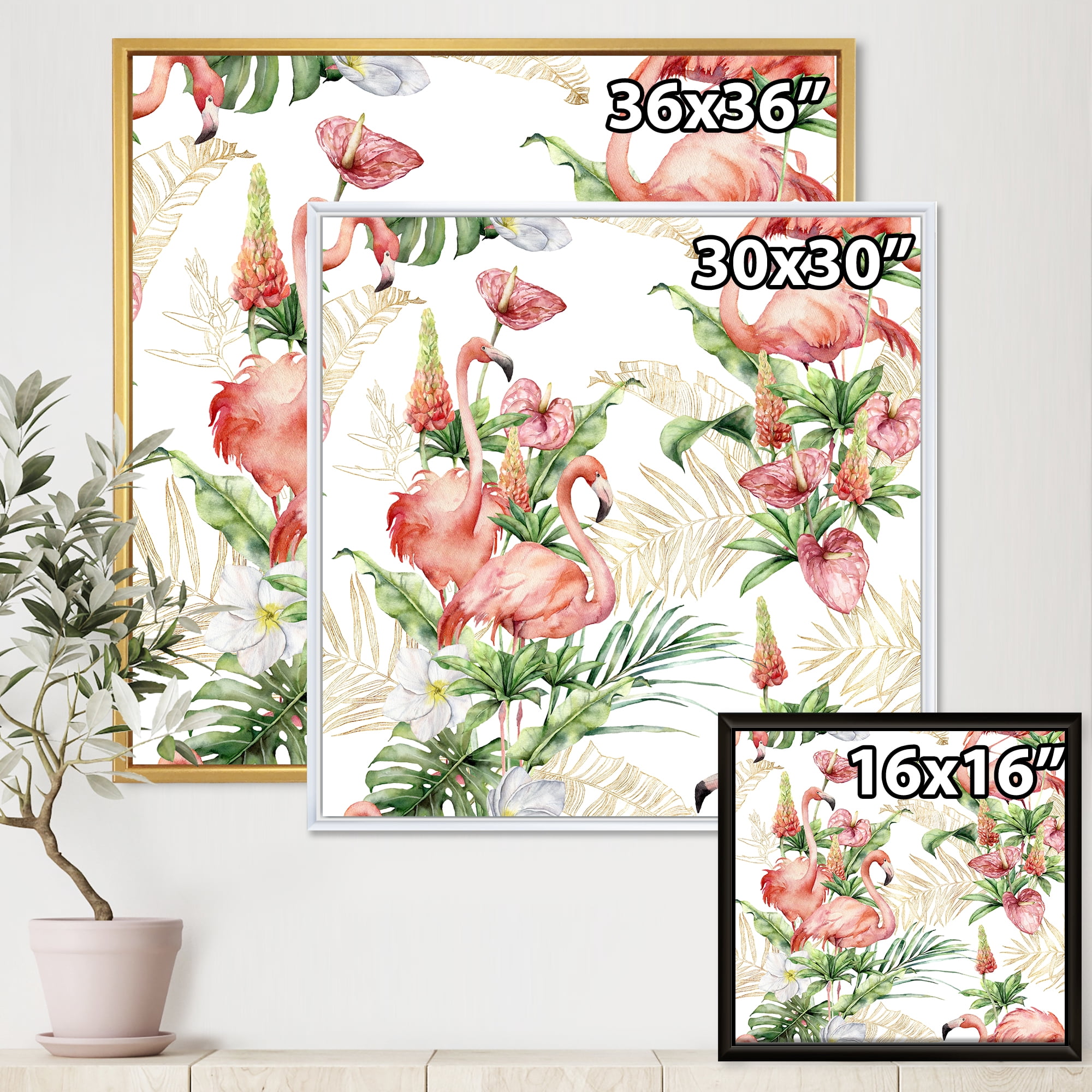 Tropical Flowers & Gold Leaves With Pink Flamingos 36 in x 36 in Framed Painting Canvas Art Print, by Designart