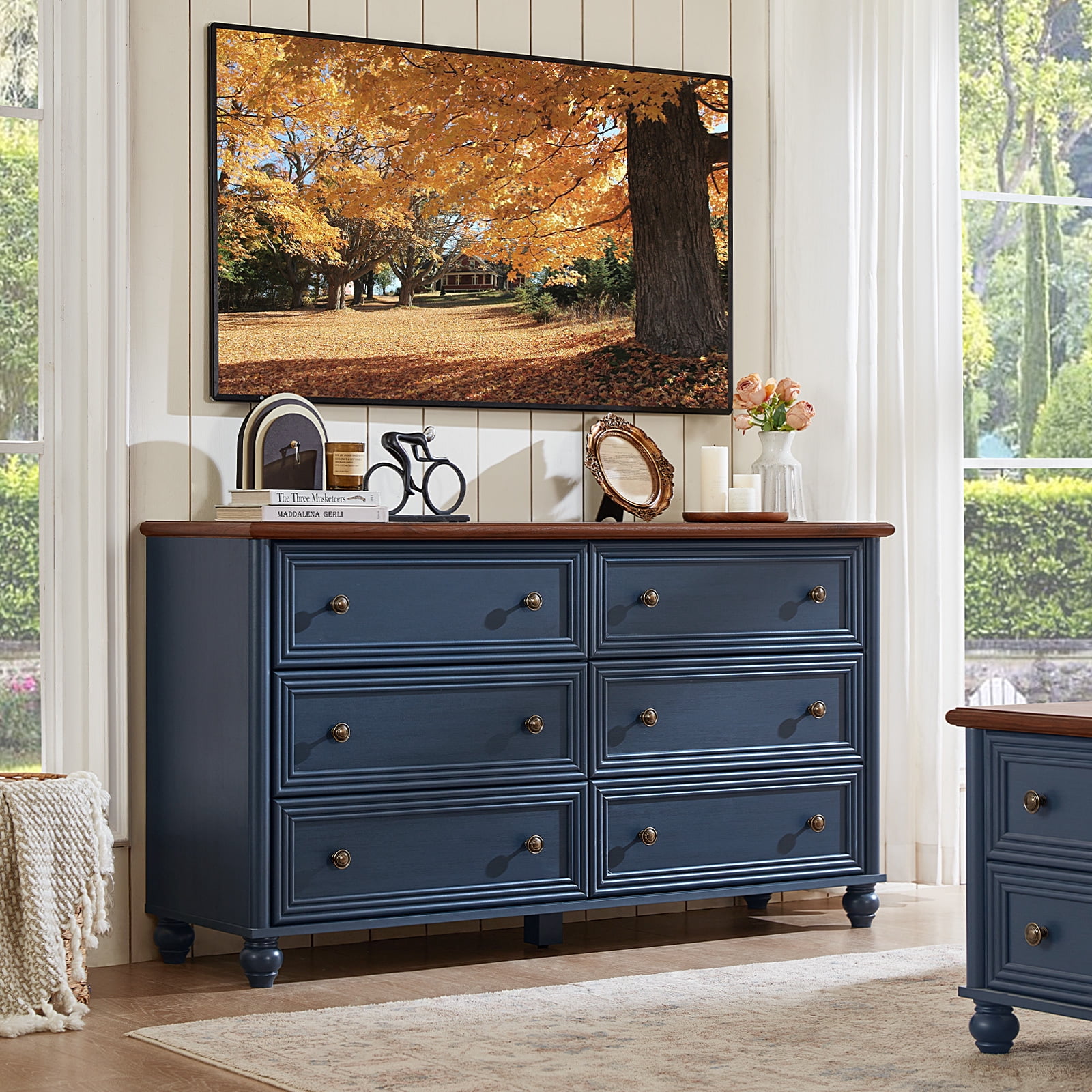 LELELINKY Rustic Modern Chest of 6 Drawers, 54" Extra Wide Double Dresser for Master Bedroom, Nursery Dresser Organizer Closet for Living Room