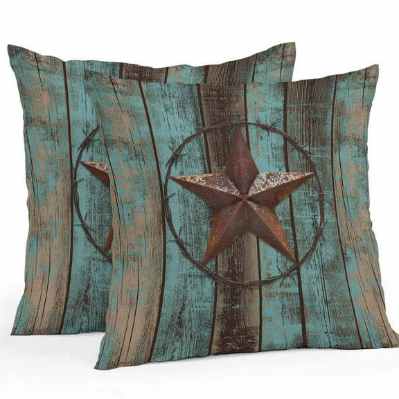 Waterproof Throw Pillow Covers Set of 2, 18x18 Inch Teal Brown Texas Star Decorative Pillowcases Outdoor Pillow Slip Cushion Covers Set for Couch Tent Vintage Star Wooden