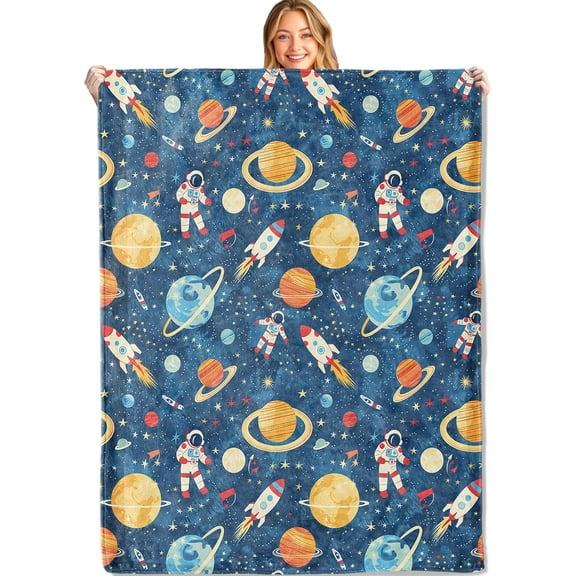Space Throw Blanket,50x60in,Soft,Lightweight Flannel,Cute Astronaut and Planets Blue Blankets - Gifts for Kids Boys,for Bedtime or Playtime Couch Office Travel,Home Living Room Bed Decor