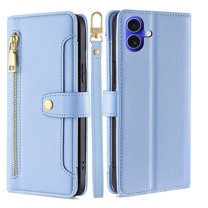 Leather for iPhone 16 6.1" Case with 6-Card Holder Zipper Bills Slot, Soft Sheepskin Shoulder Wrist Strap Wallet Case Women,Blue,For iPhone 16
