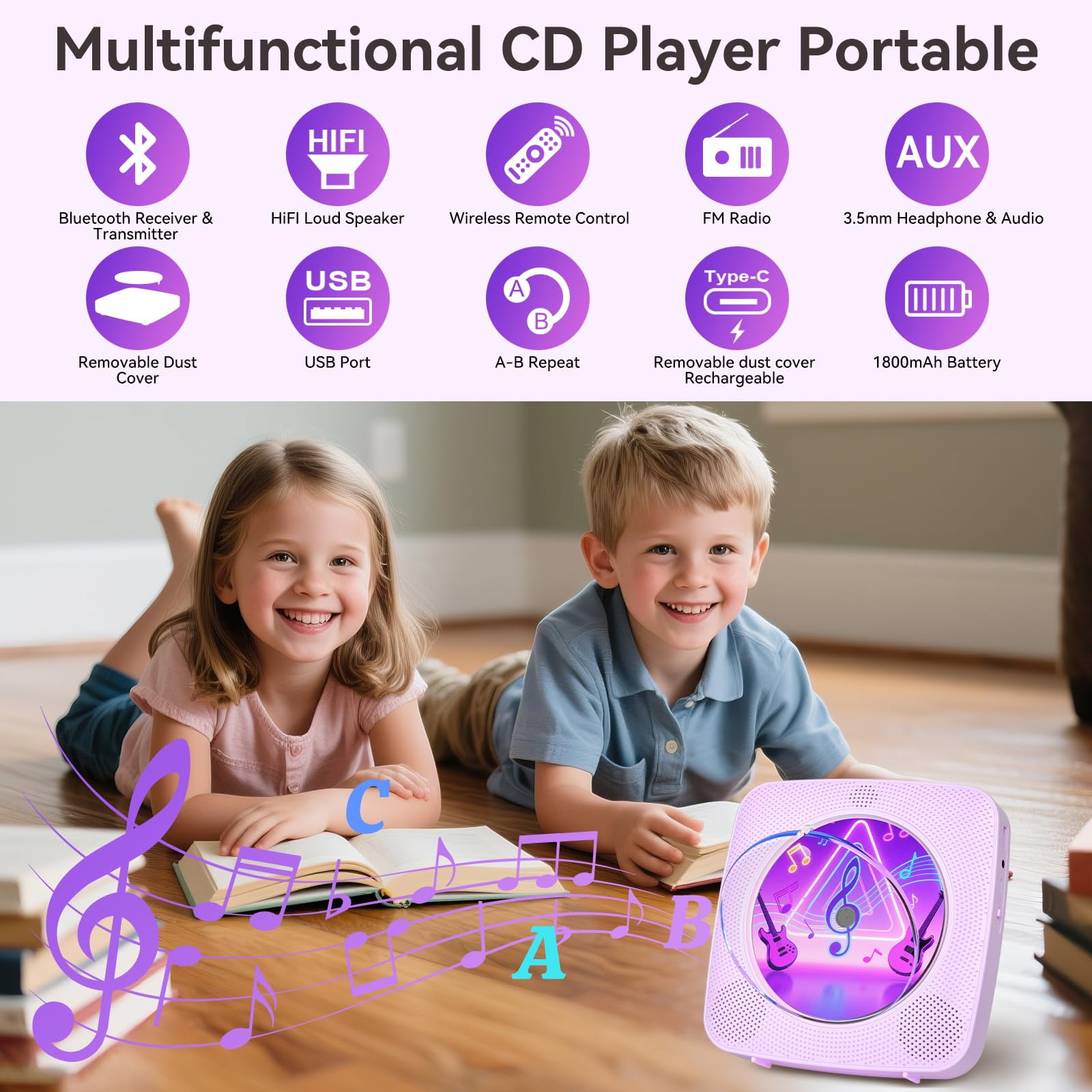 Ooosea CD Player Wall Mount Portable Bluetooth Rechargeable Desktop CD Players for Home with Speakers FM Radio USB AUX Jack Remote Control