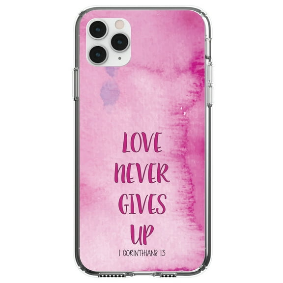 DistinctInk Clear Shockproof Hybrid Case for iPhone 11 Pro MAX (6.5" Screen) - TPU Bumper, Acrylic Back, Tempered Glass Screen Protector - 1 Corinthians 13 - Love Never Gives Up - Love of Christ