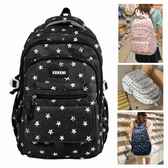 Star Print Backpack, Water Resistant Lightweight Bookbag for Teen, Multi Pocket Casual Daypack, Fashion Backpack for Middle High Travel - (Black)