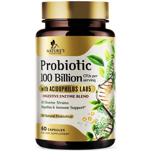 Probiotics 100 Billion CFU, 10 Strains Prebiotic - Digestive Health, Gut & Immune Support for Women & Men - Supports Occasional Constipation, Gas & Bloating - Shelf Stable Bottled USA - 60 Capsules