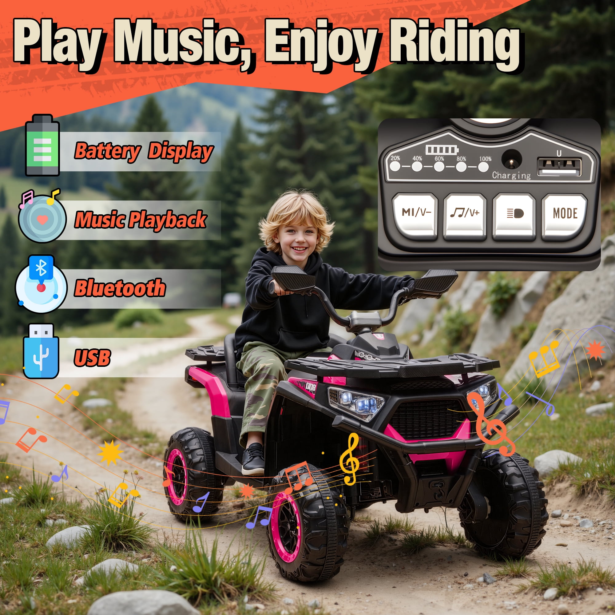 Joyracer 800W 4WD 24V Kids ATV w/ Remote Control 2 Seater 24 Volt Ride on Toys for Toddlers Power Car Wheels w/ Kneepads, Bluetooth Music, Pink