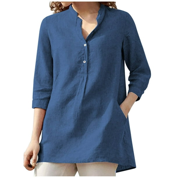 Camisas Para Mujer Botón de Moda Cuello en V Manga 3/4 Pulóver Sólido Camiseta Informal Blusa Odeerbi ODB128806