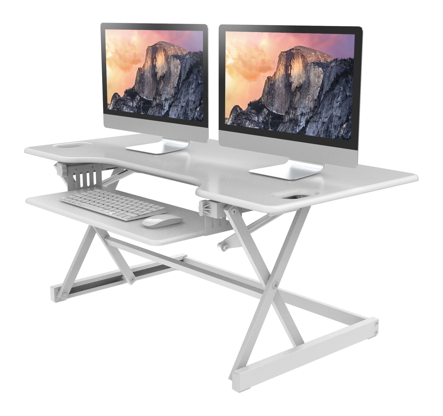 Rocelco 46" Large Height Adjustable Standing Desk Converter, Quick Sit Stand Up Triple Monitor Riser, Gas Spring Assist Computer Workstation, Retractable Keyboard Tray, White (R DADRW-46)