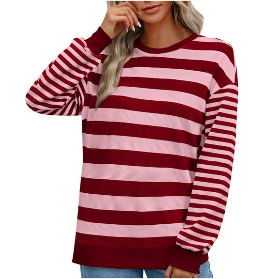 JIUKE Long Sleeve Shirts for Women Striped Crewneck Tee Tops Casual Loose Fitted Basic Blouses Size XL
