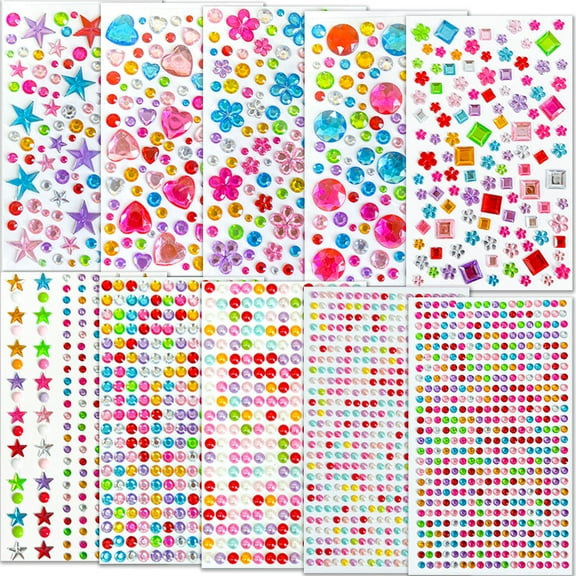 10 sheets Gem Stickers, Self Adhesive Gems for Crafts ，Acrylic Bling Heart Stickers，Jewel Stickers for Kids Crafts self Adhesive,Assorted Shapes Jewels Rhinestones Stickers, Multicolored