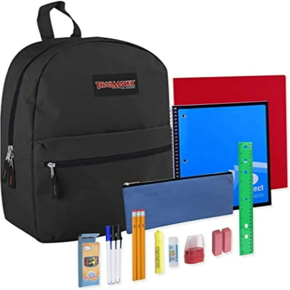 17"L Classic Solid Color Backpack 20 Piece Stationary Kit Containing 1 Notebook, 1 Folder, 3 Pencils, 3 Pens, 1 Sharpener, 2 Erasers, 1 Box of Crayons, 1 Glue Stick, 1 Ruler & More in Black