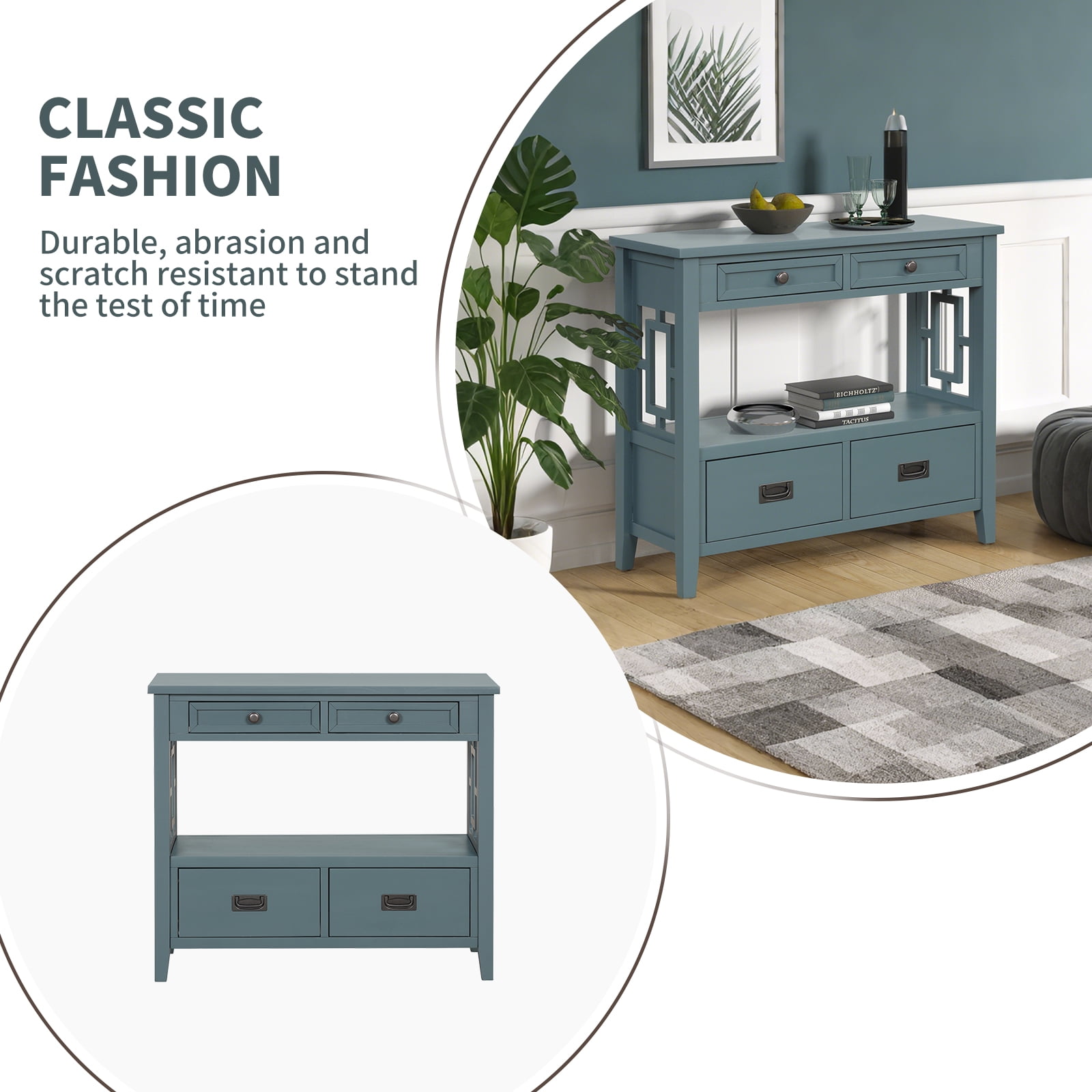 36'' Farmhouse Console Table,Pine Wood Entryway Table with 4 Drawers & 1 Storage Shelf for Entryway Living Room Hallway Kitchen (Blue Green)