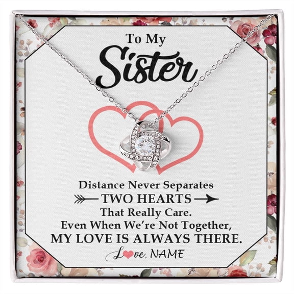 To My Sister Necklace Two Hearts Together, White Love Knot Necklace