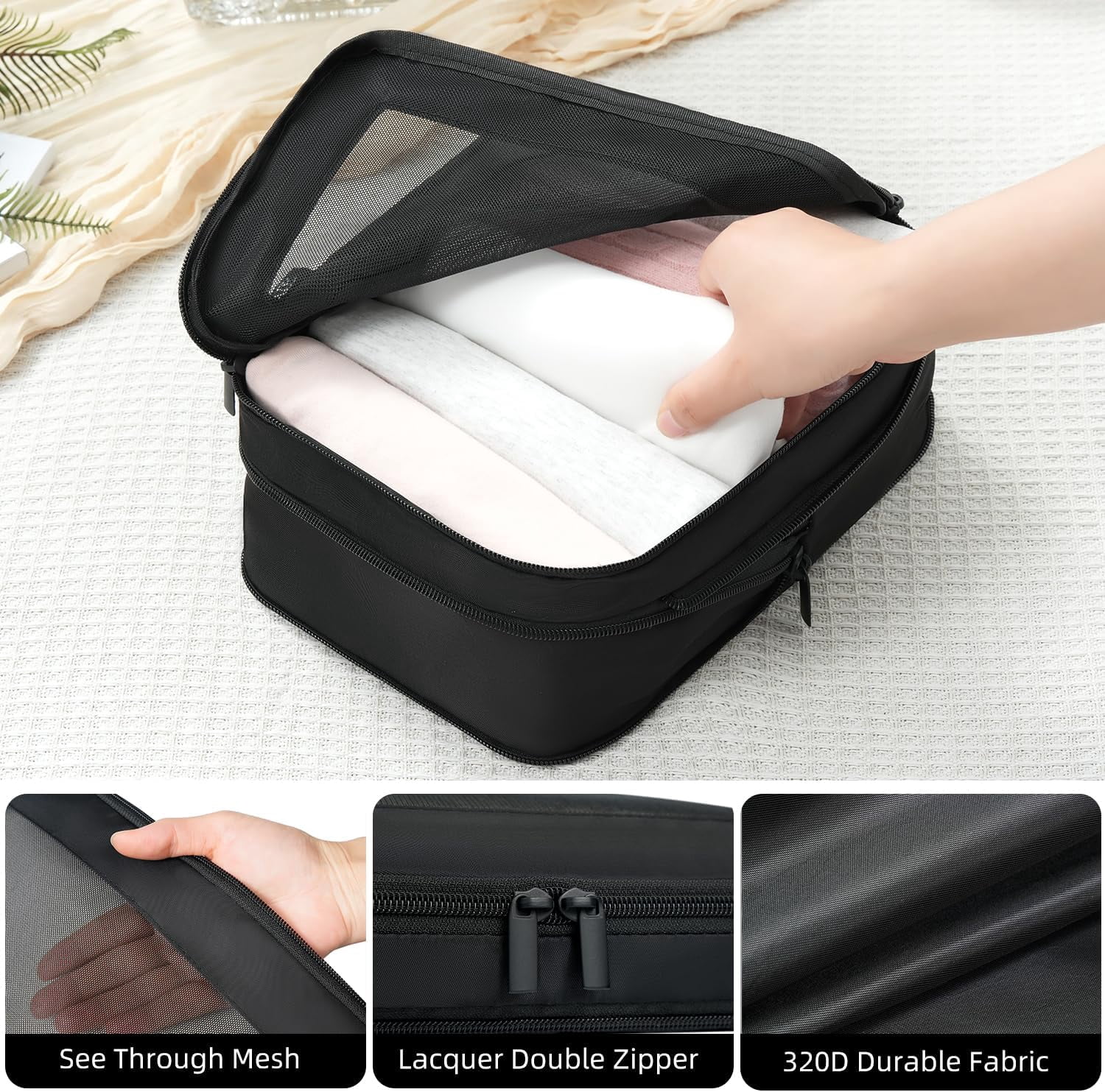 4 Set/6 Set/8 Set Compression Packing Cubes Travel Accessories Expandable Packing Organizers (Square Mesh, 05-Beige)