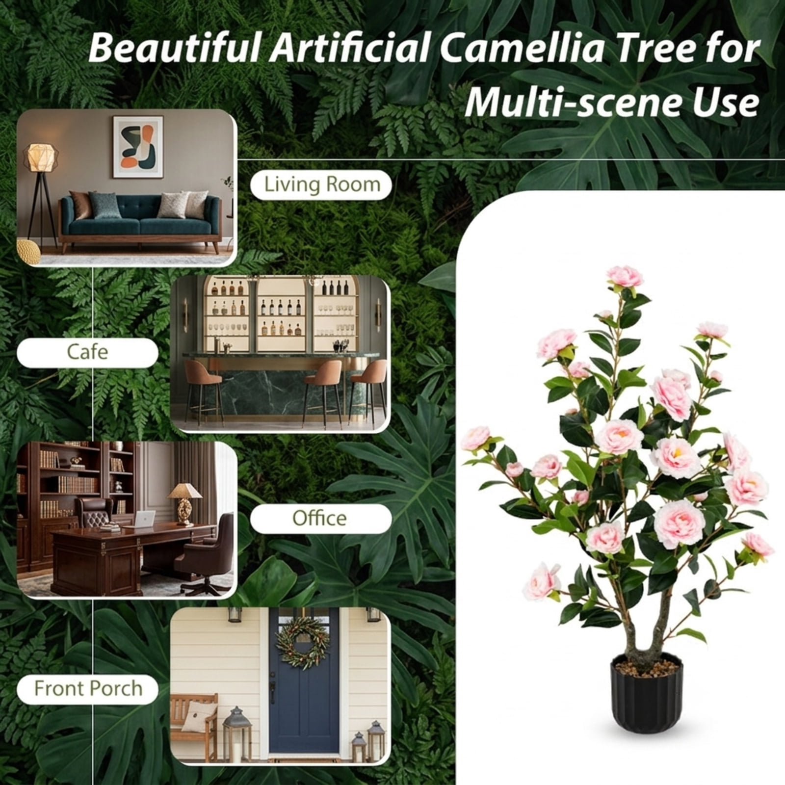 Vebreda Artificial Plant Decor, 38 Inch Artificial Camellia Tree Faux Flower Plant in Cement Pot, Gorgeous and Vivid Appearance