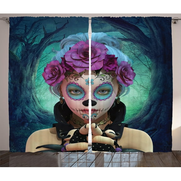 Ambesonne Horror Curtains 2 Panel Set, Scary Clown Girls Flower, 108" x 96", Multicolor