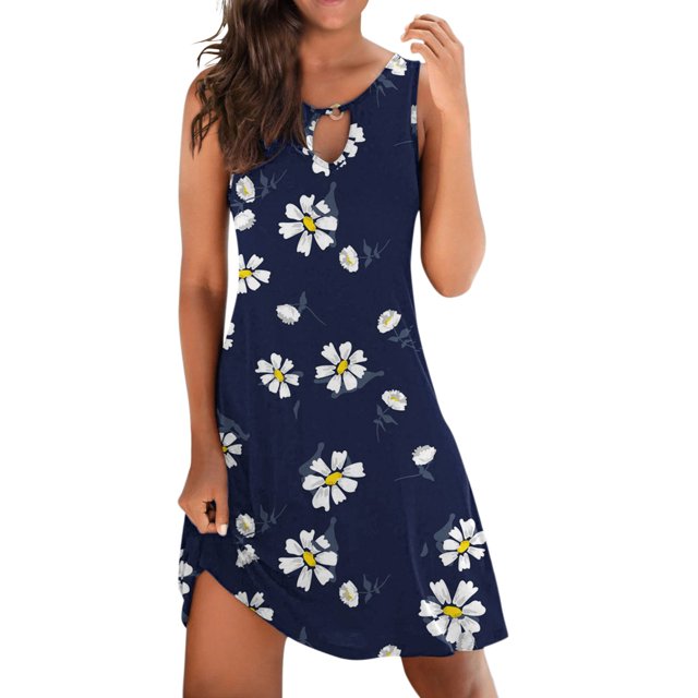TJAZFJPA Robes d'Invitée de Mariage d'Été pour Femmes Robe Élégante pour Femmes à Col Rond Robe Débardeur Robe Décontractée à Imprimé Floral Robe en Denim Robes de Vacances pour Femmes