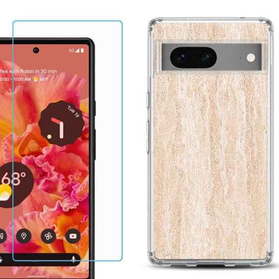 Slim-Fit Gel TPU Phone Case for Google Pixel 7, with Tempered Glass Screen Protector, by OneToughShield ® - Marble/Coffee Tone