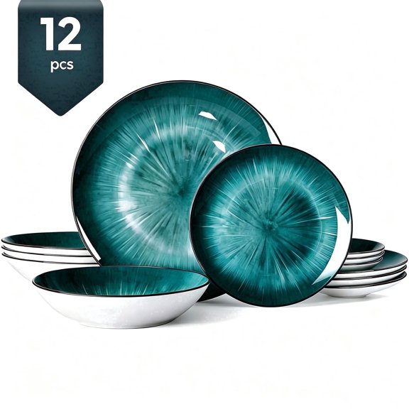 12 Piece Dinnerware Set ,Chip Resistant, Dinnerware Sets, Plates, Dishes, Bowls, Service for 4, Green And White