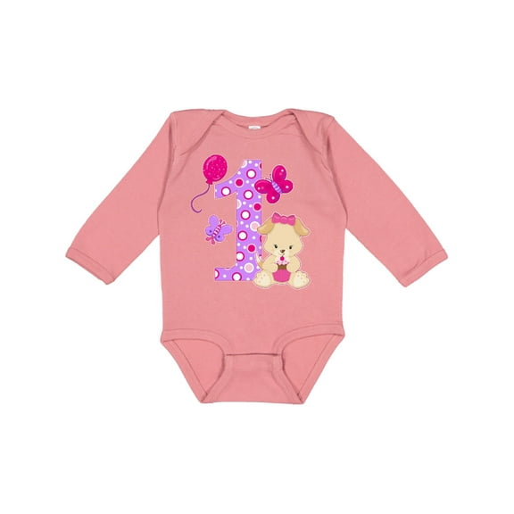 Inktastic First Birthday with Cute Puppy and Butterflies Boys or Girls Long Sleeve Baby Bodysuit