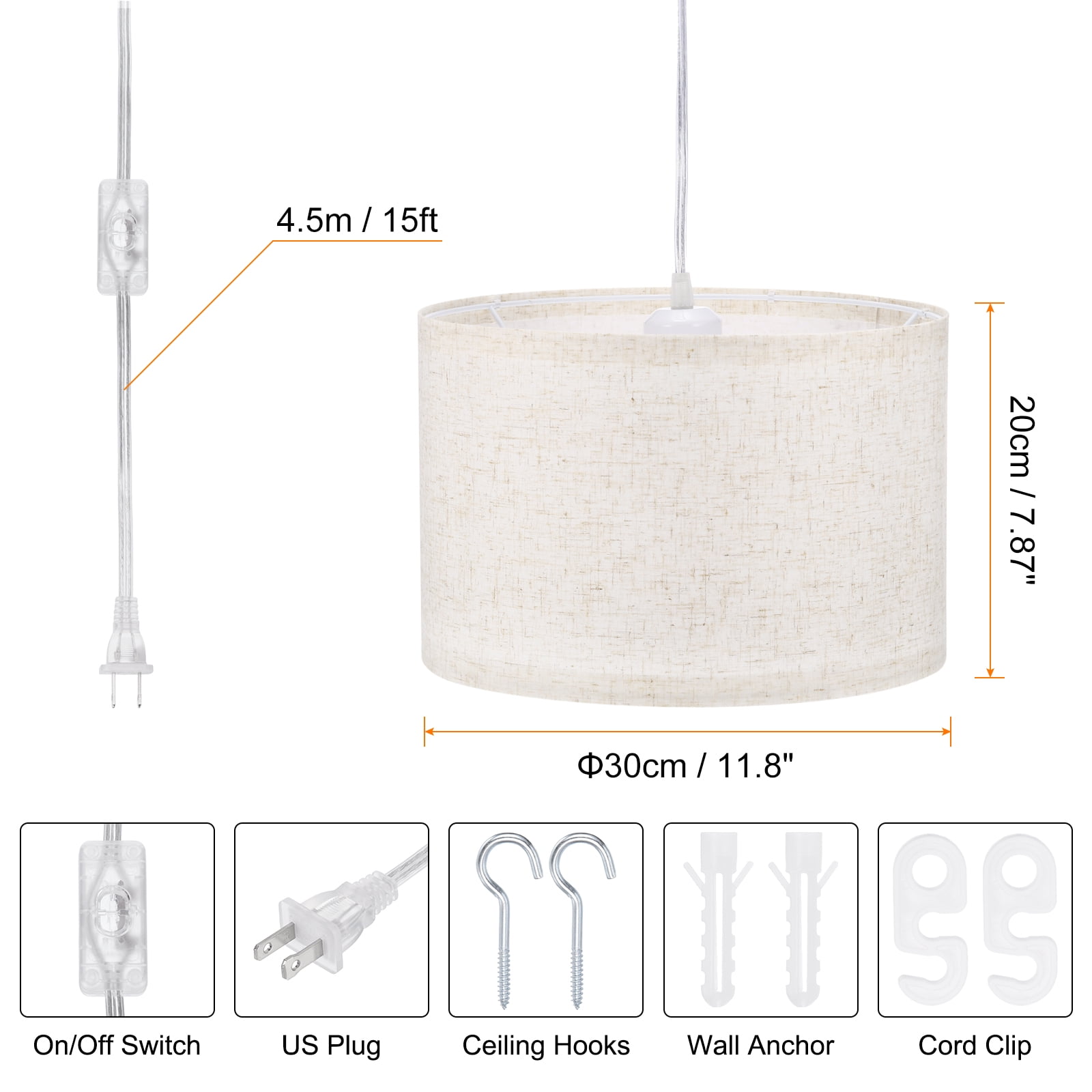 Uxcell Plug in Pendant Light 15Ft Rope Hanging Lamp Fixture with ON/OFF Switch, Fabric Shade E26/E27 Socket Beige