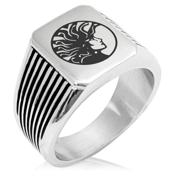 Stainless Steel Greek Mythology Medusa Needle Stripe Pattern Biker Style Polished Ring