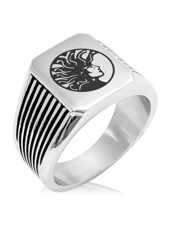 Stainless Steel Greek Mythology Medusa Needle Stripe Pattern Biker Style Polished Ring