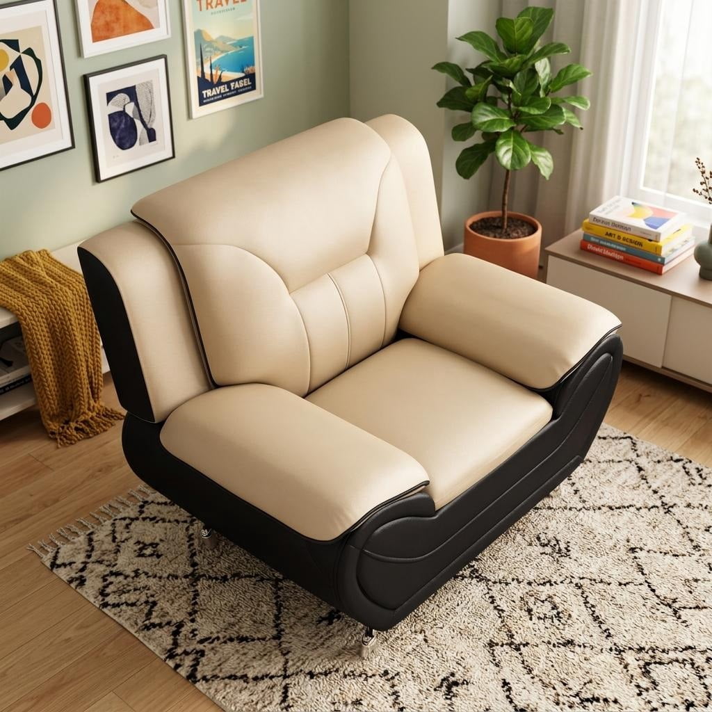 Wakefit 47"W Modern Faux Leather Armchair,Single Upholstered Sofa Couch with Stainless Steel Legs for Living Room,Camel & Black