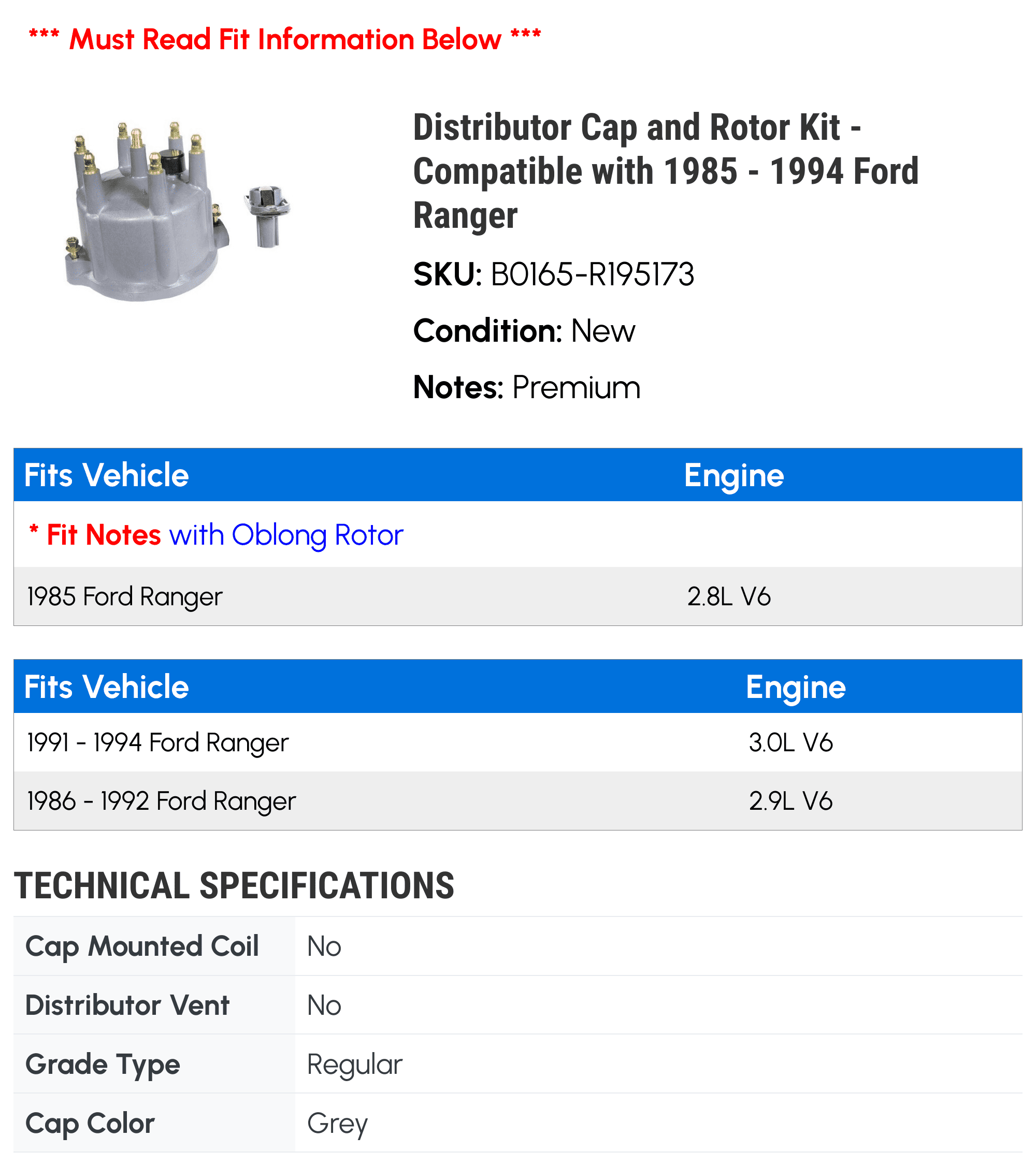 Distributor Cap and Rotor Kit - Compatible with 1985 - 1994 Ford Ranger 1986 1987 1988 1989 1990 1991 1992 1993