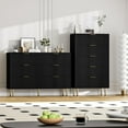 thumbnail image 3 of Cómoda moderna acanalada de 6 cajones - Cómoda ancha de madera con tiradores metálicos - Amplio espacio de almacenamiento para el dormitorio, la sala o el pasillo - Diseño contemporáneo- Negro, 3 of 7