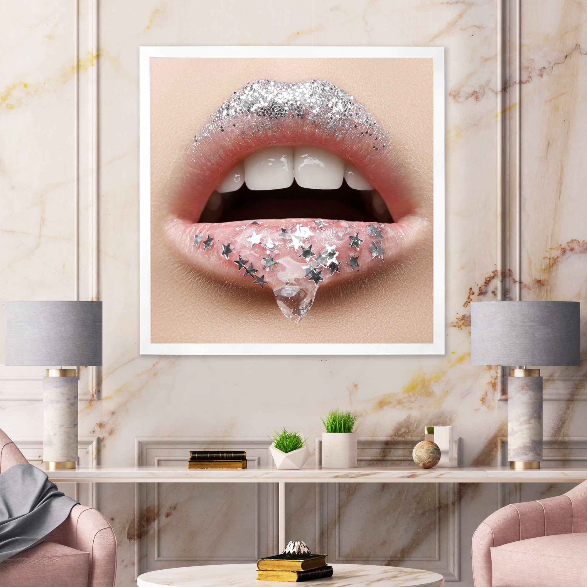 Designart 'Woman Lips With A Gel On The Lips & Stars' Modern Framed Art Print