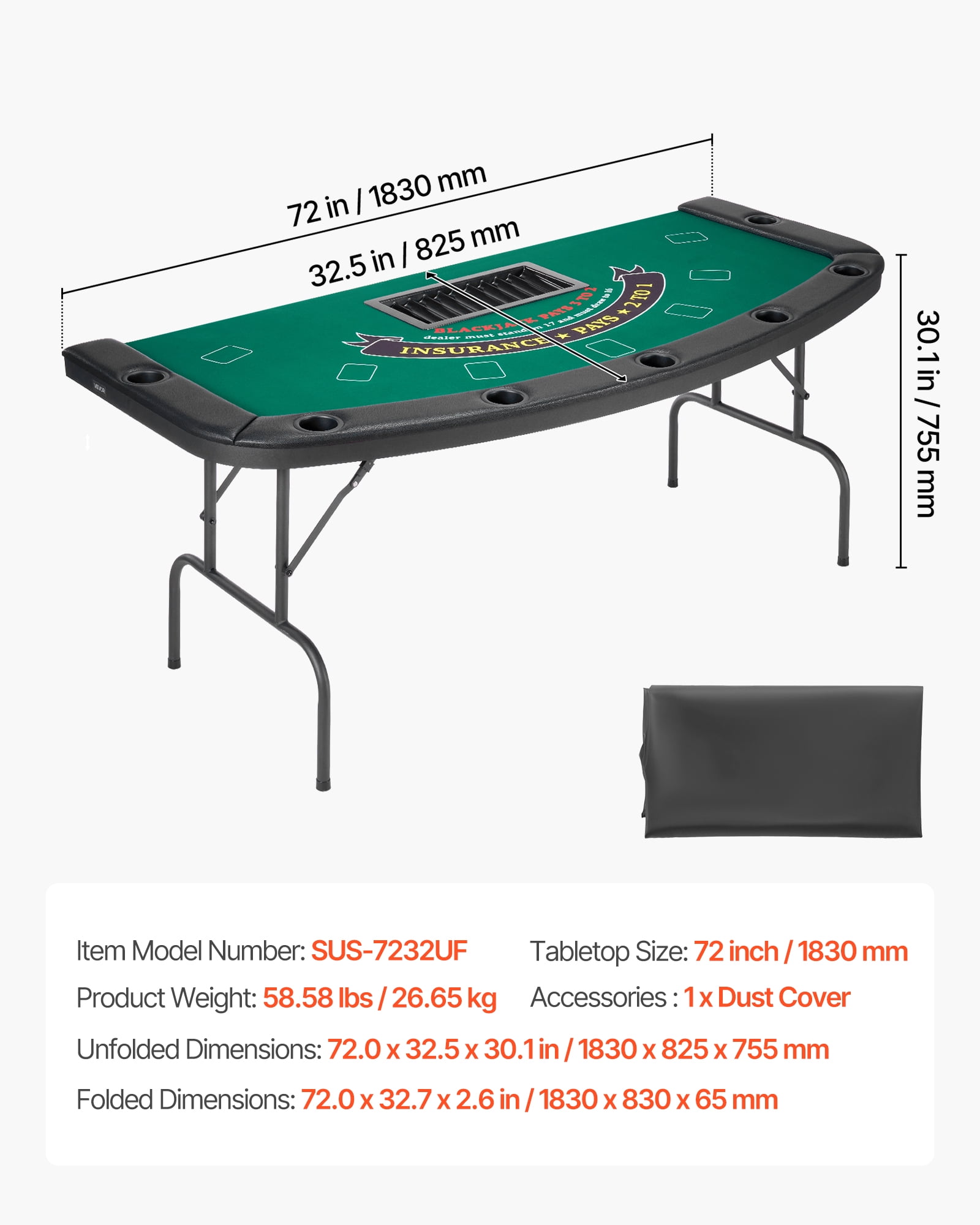 VEVOR Foldable Poker Table, 7 Player 72 in Folding Casino Leisure Table with Padded Rails & Cup Holders, Semi-oval Portable Game Tables with Felt & Metal Legs, for Texas Holdeem Game and Blackjack