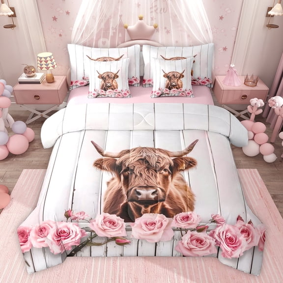 Feelyou 3D Brown Cow Twin Bedding Sets 7-Piece for Teen, Romantic Pink Rose Bedding Comforter Set, Rustic Lodge Cabin Reversible Sheet Sets, Luxury Bedroom Decor