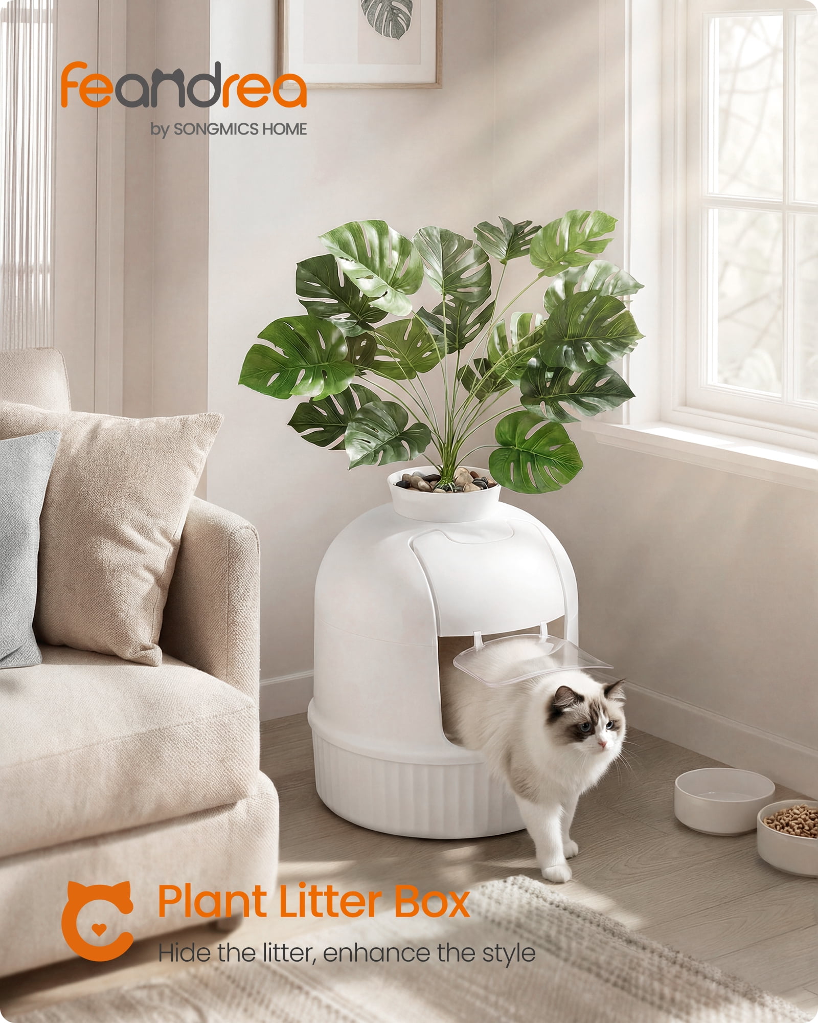 Feandrea Plant Cat Litter Box Enclosure with Artificial Plant, Enclosed Hidden Litter Box Furniture with Door, Carbon Filter, Cloud White