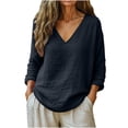 thumbnail image 3 of TaTaai 2026 Spring Womens V Neck Long Sleeve Tee Loose Blouse Casual Solid Color Fashion Top Linen Texture Stretchy Polyester Daily Pullover Gift, 3 of 6