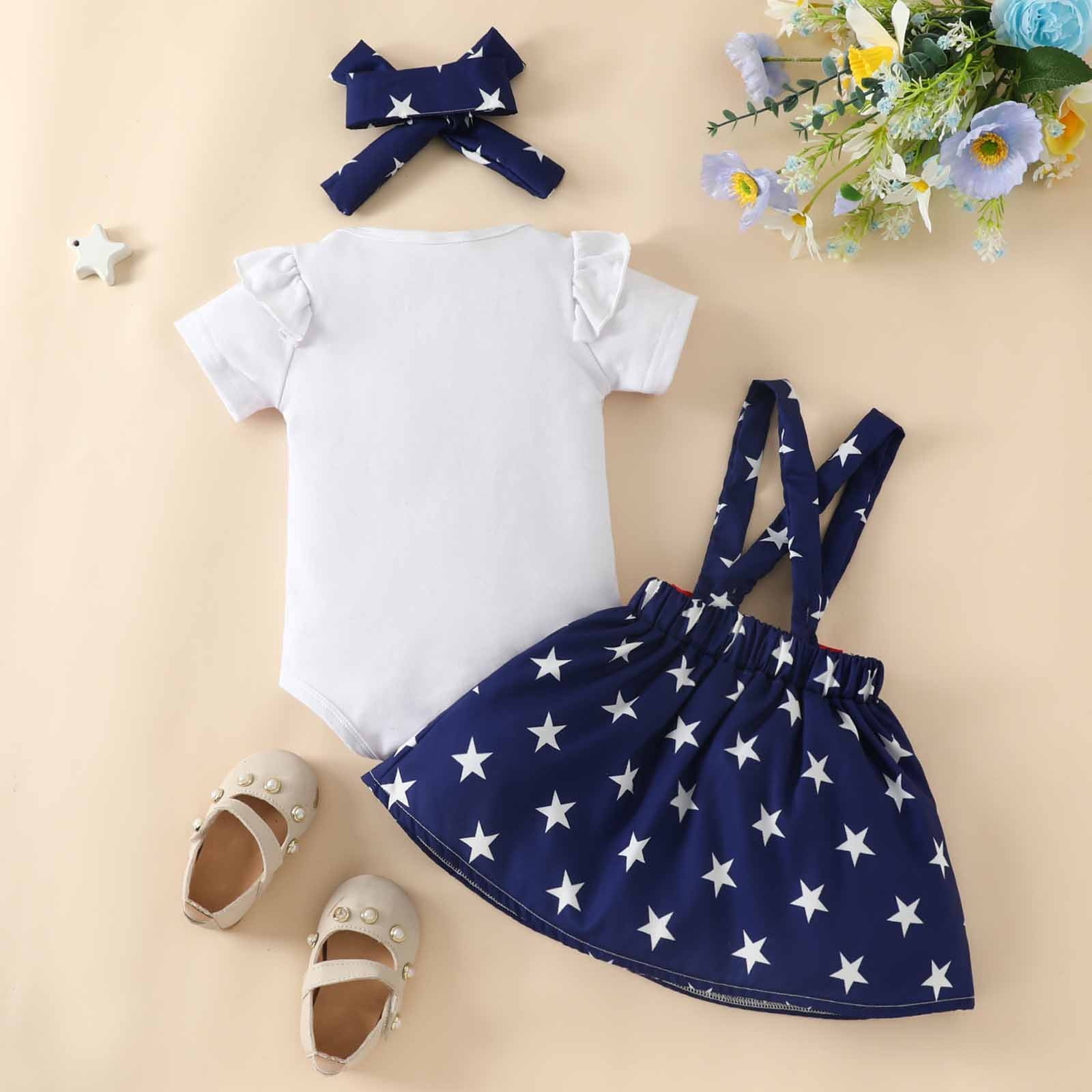 Jovati Baby Girl Clothes 3 6 Months Summer Baby Girl Independence Day Dress Set Girl Short Sleeve Letter Romper Bow Strap Dress Hairband Set Baby Girl