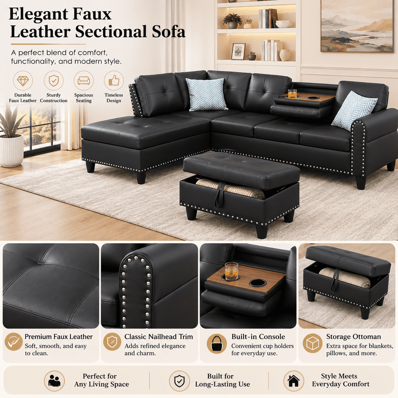 L-Shaped Sectional Sofa with Storage Ottoman, 4-Seat Modern Couch with Left-Facing Chaise and Built-In Cup Holders, Faux Leather Modular Sofa for Living Room, Apartment, Office