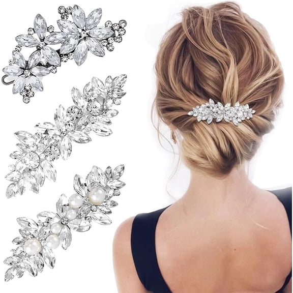 3 Pcs Rhinestone Hair Clips, Decoration Brooches Silver Wedding Hair Pins Pearl French Hairpins Crystal Flower Hair Barrettes Elegant Jewelry Hair Decorations for Brides Bridesmaids Girls